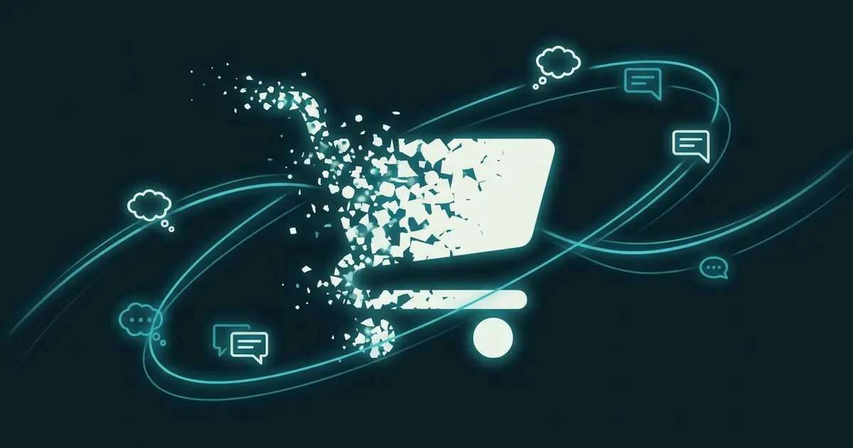 Abstract shopping cart formed from glowing particles with message bubbles on light trails, teal on dark background
