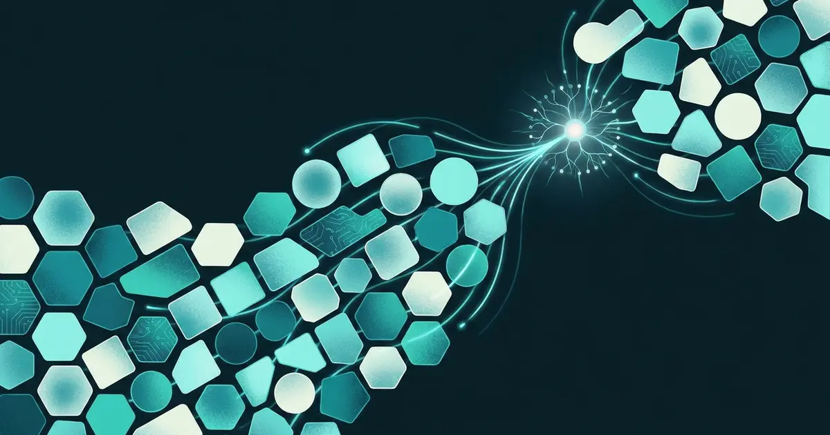 Abstract mosaic of varied glowing creative tiles converging into a bright neural point in teal on a dark background
