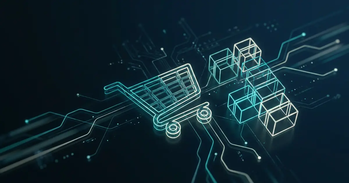 Abstract glowing wireframe shopping cart and parcel shapes connected to a network of product data nodes in teal on a dark midnight background