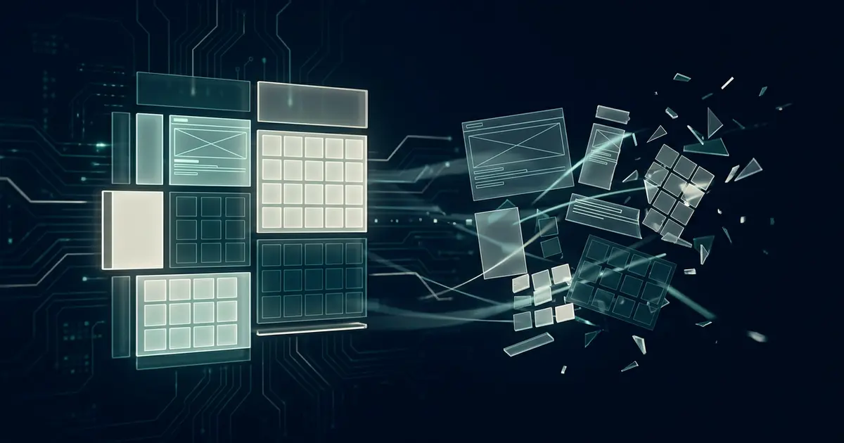Abstract translucent website wireframe panels, some assembling into an ordered grid and others fragmenting, in teal on a dark midnight background