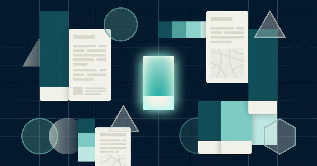 Abstract orderly arrangement of colour swatch cards, typography blocks and geometric shapes in teal on a dark background