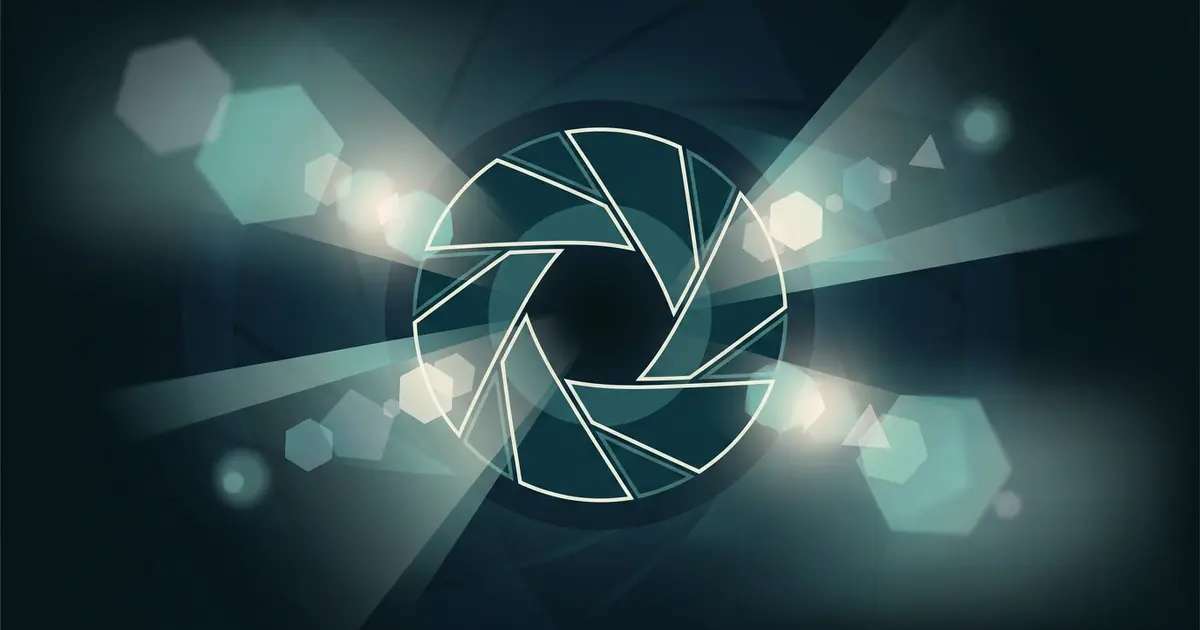 Abstract camera aperture blades forming a circular iris with light beams in teal on a dark midnight background