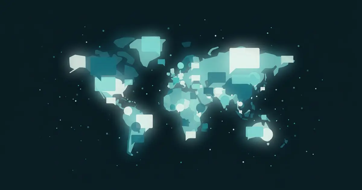 Abstract glowing chat bubble shapes clustering into tight groups across a dark midnight background with teal accents