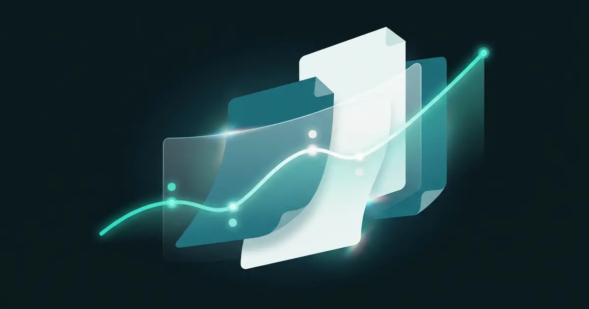 Abstract rising graph line inside layered document panels with glowing teal accents on a dark midnight background