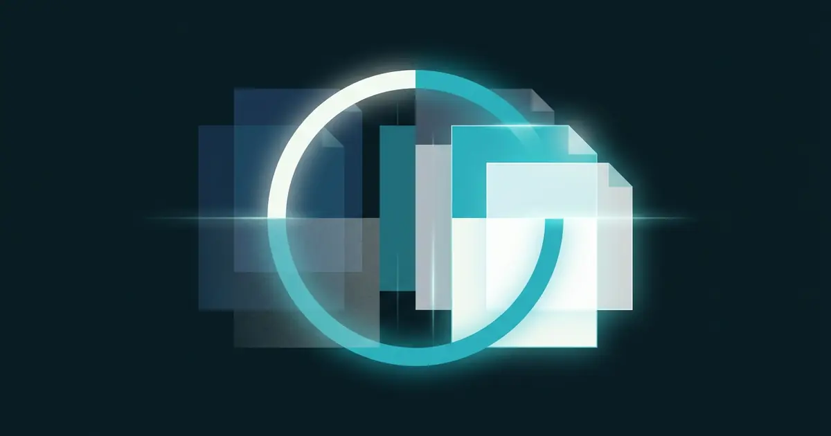 Abstract layered document panels with a circular renewal arc sweeping through them in teal on a dark midnight background