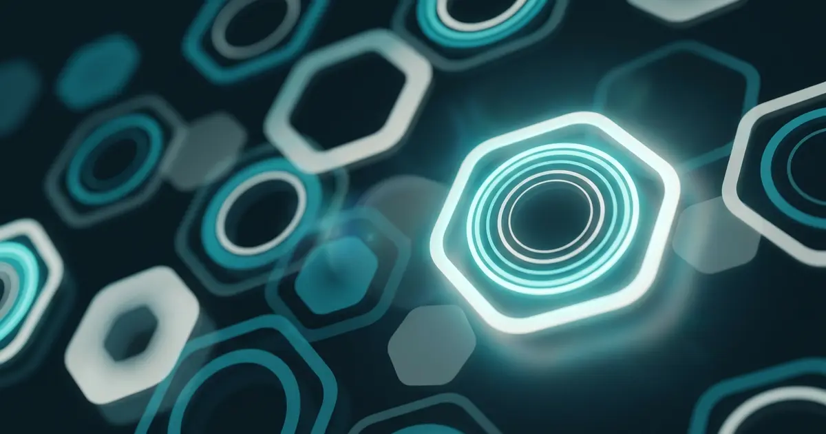 Abstract repeating geometric shapes at varying scales and opacities forming a recognisable pattern in teal on a dark midnight background