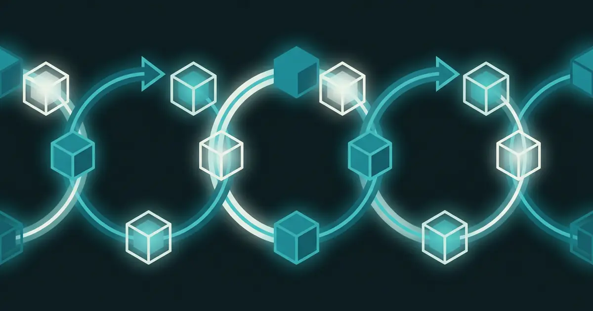 Abstract geometric cubes arranged along repeating circular loop arrows in teal on a dark midnight background