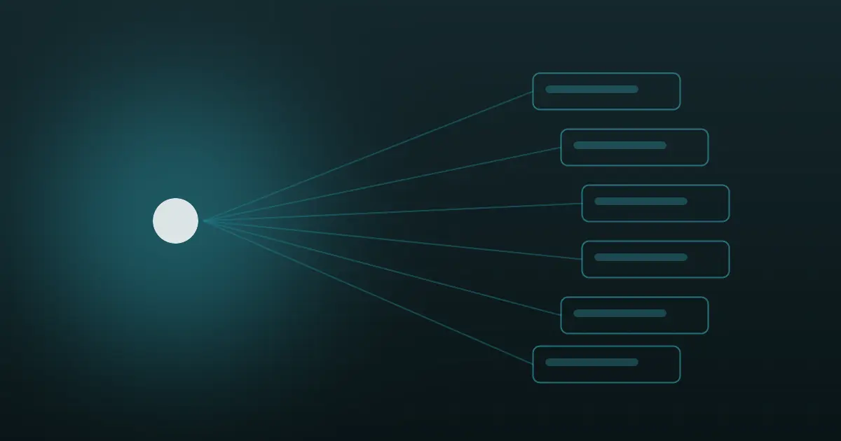 Abstract single glowing source point fanning out into six outlined content cards in teal on a dark midnight background