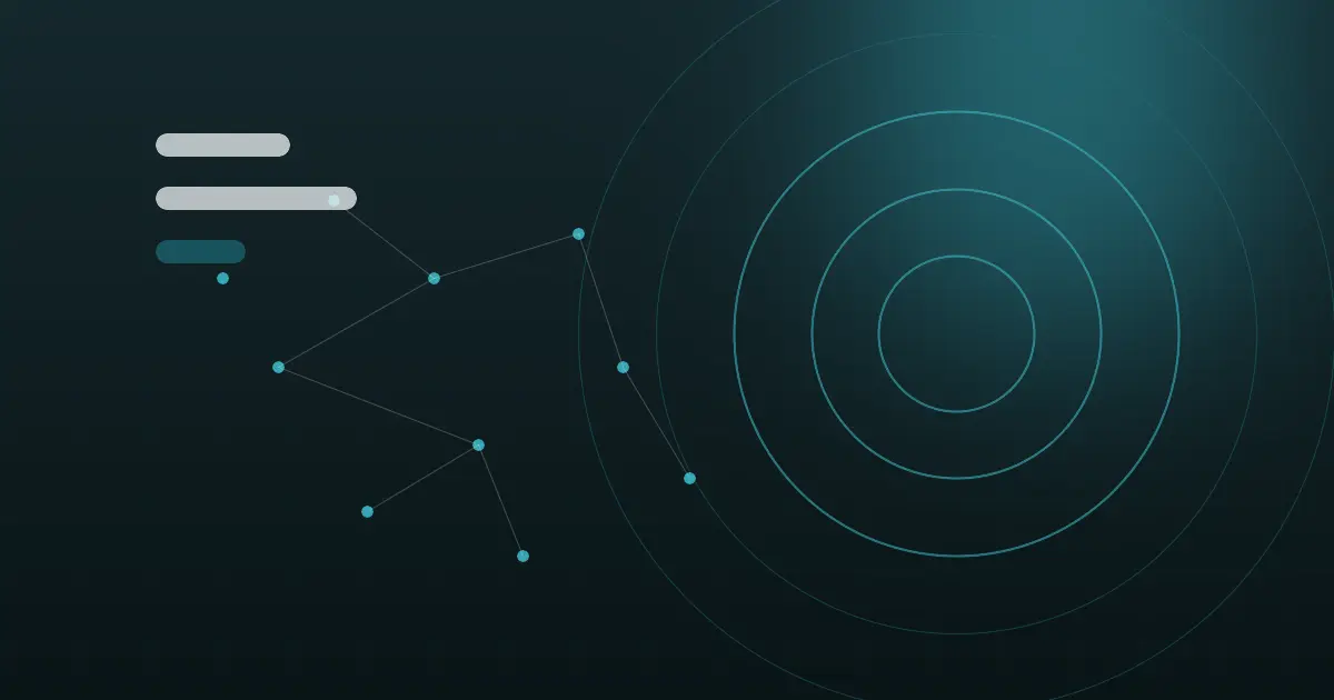 Abstract concentric search ranking rings dissolving into scattered data nodes in teal on a dark midnight background