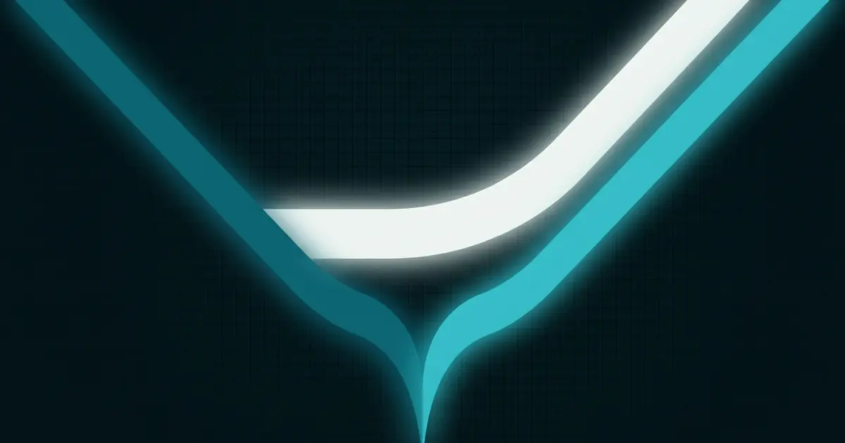 Two abstract glowing streams of light diverging from a single source with the gap between them highlighted, in teal on a dark midnight background