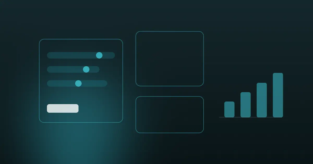 Abstract floating interface panels, dials and a rising result bar in teal on a dark midnight background