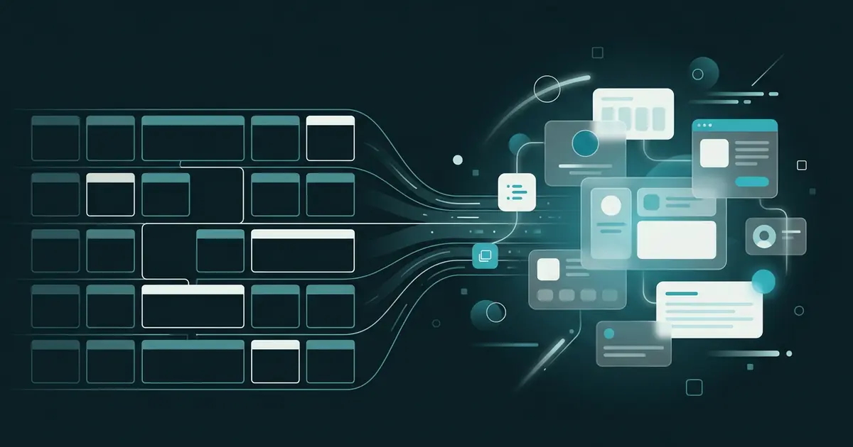 Abstract grid of empty cells flowing into floating rounded interface modules in teal on a dark midnight background
