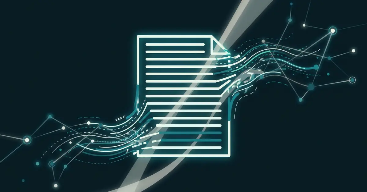 Abstract teal data streams flowing from a glowing structured document into a network of nodes on a dark background