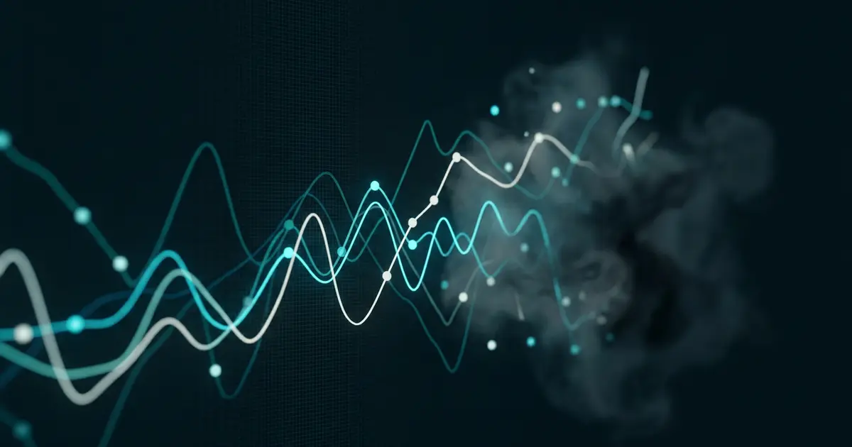 Abstract glowing data lines and search signal waveforms dissolving into fog on a dark midnight background with teal accents