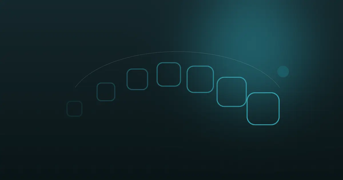 Abstract kinetic trail of a repeated rounded mark arcing across the frame in teal on a dark midnight background