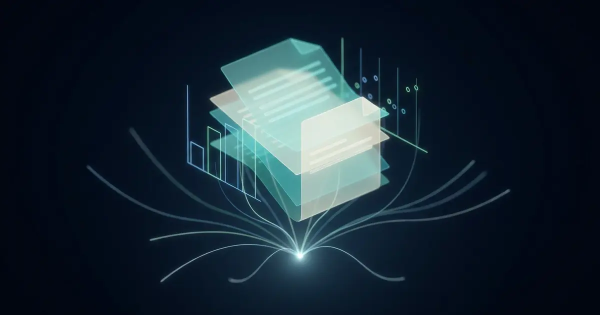 Abstract layered translucent document sheets and glowing chart forms rising from a single bright data point on a dark midnight background