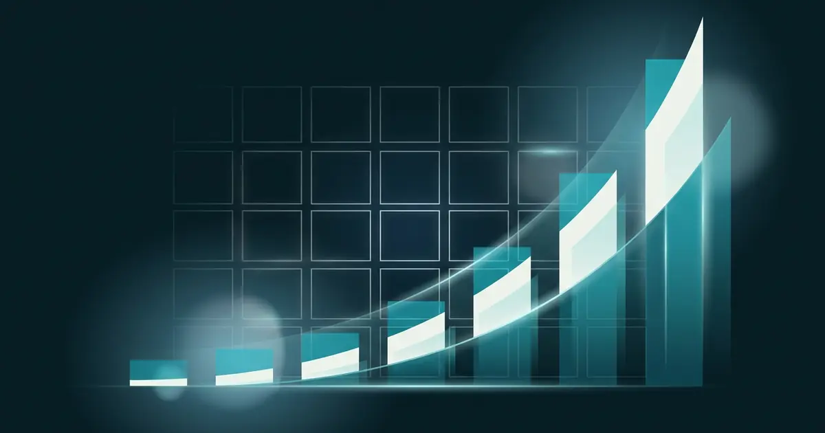 Abstract rising bars and a steep ascending curve over a faint calendar grid in teal on a dark midnight background