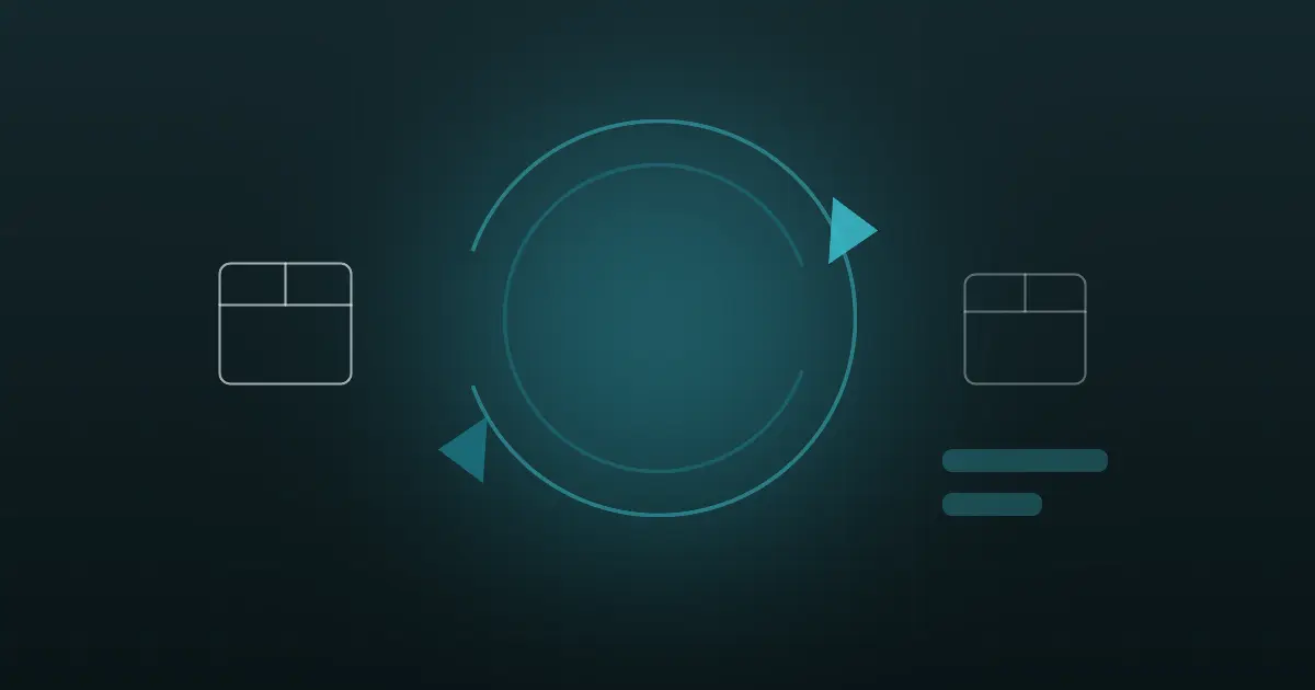 Abstract parcel forms travelling both directions around a glowing looping arrow in teal on a dark midnight background