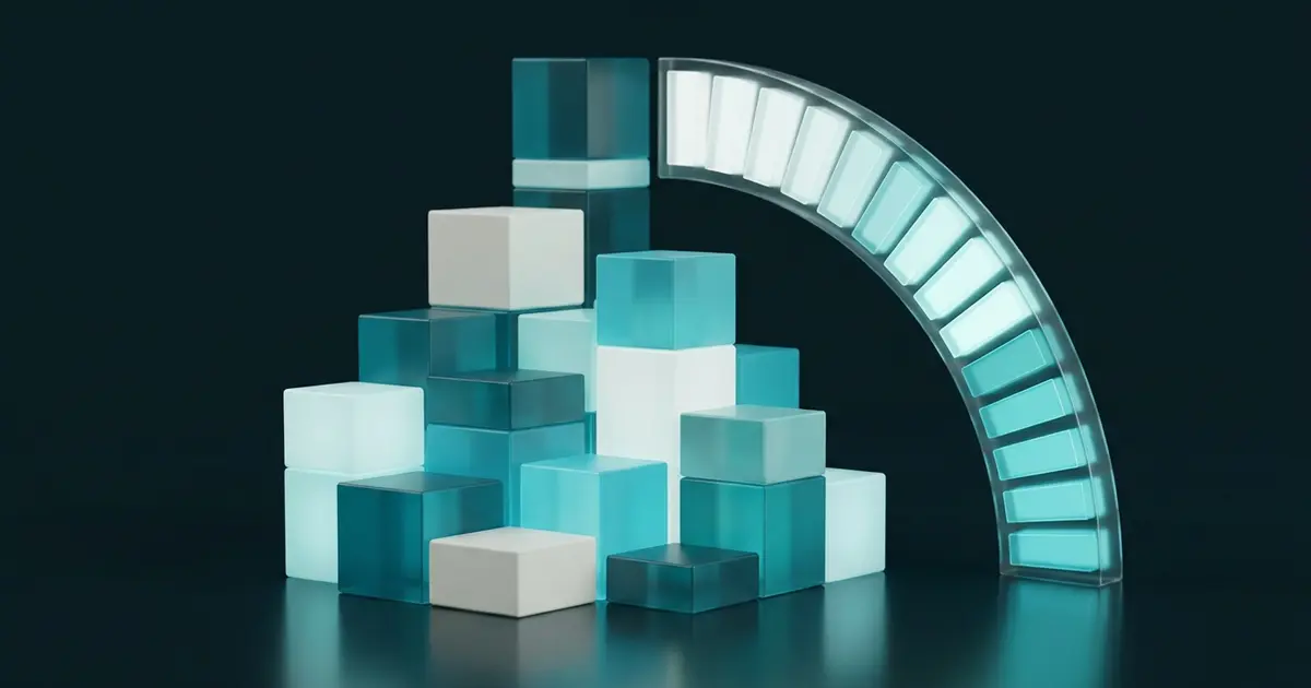 Abstract stacked geometric blocks forming tiered columns beside a glowing usage meter arc in teal on a dark midnight background
