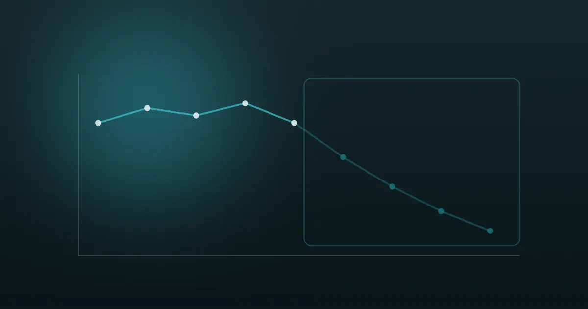 Abstract usage curve in bright teal fading into a declining line of dimmer points on a dark midnight background