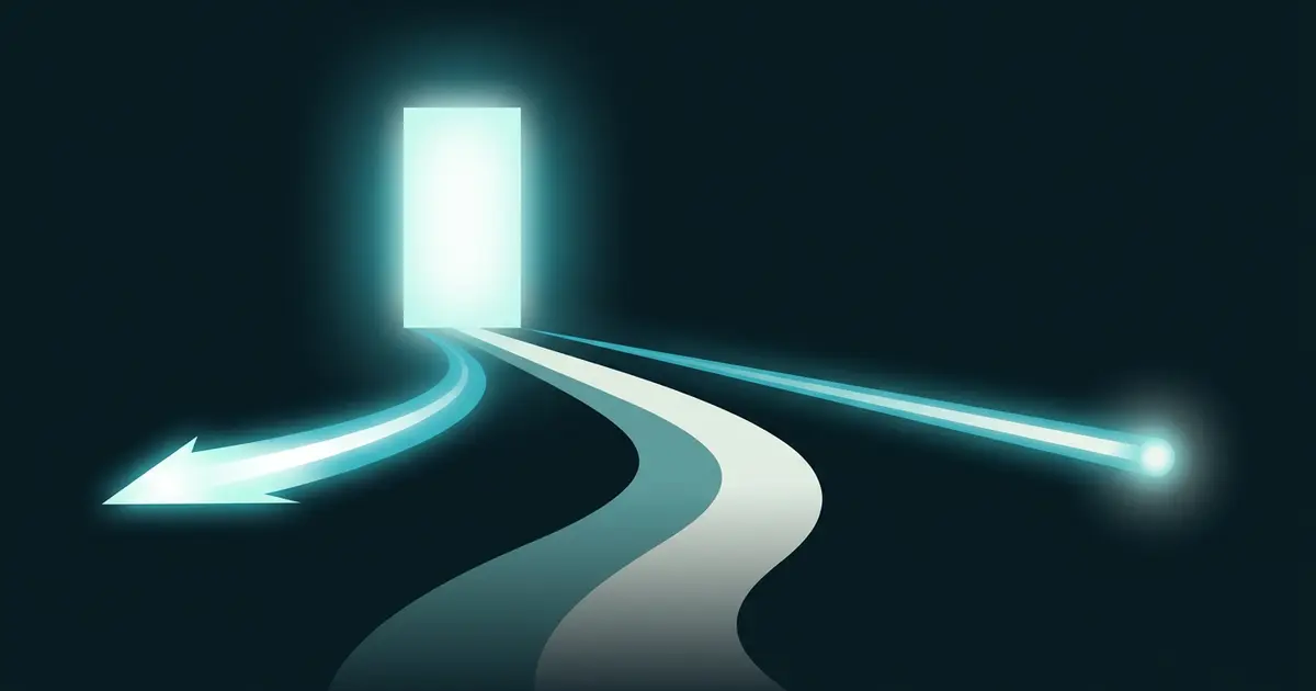 Abstract three diverging glowing paths emerging from a doorway of light with teal lines on a dark midnight background