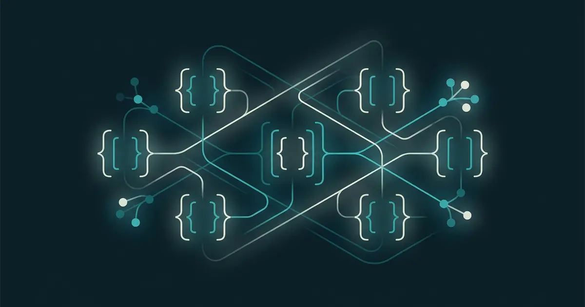 Abstract geometric brackets and connected nodes forming a data lattice in teal on a dark midnight background