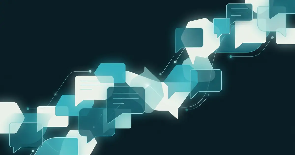 Abstract overlapping speech bubble shapes forming a flowing stream in teal and off-white on a dark midnight background