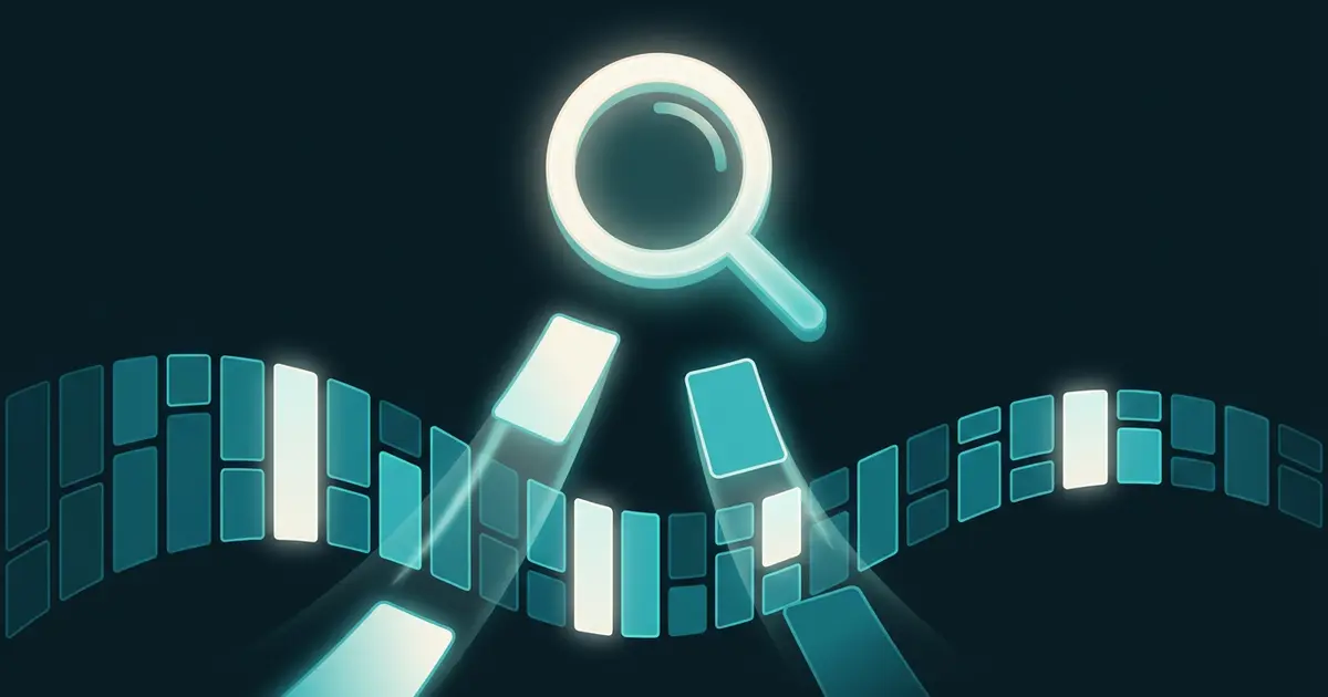 Abstract magnifying lens over a flowing grid of glowing feed tiles in teal tones on a dark midnight background