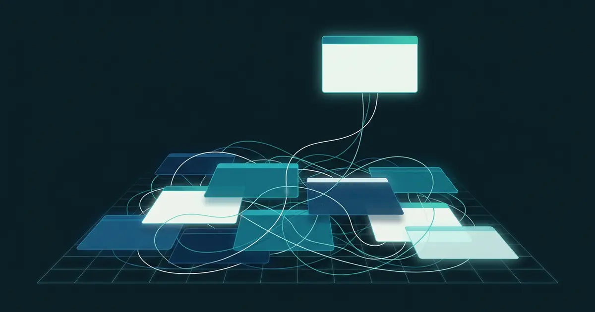 Abstract translucent interface panels on a grid with tangled connecting threads in teal on a dark midnight background