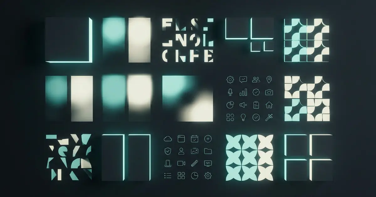 Abstract geometric shapes and design system elements on dark teal background