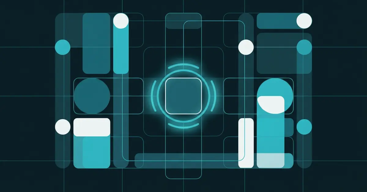 Abstract accessible UI grid with a glowing focus ring on one element, teal on dark background