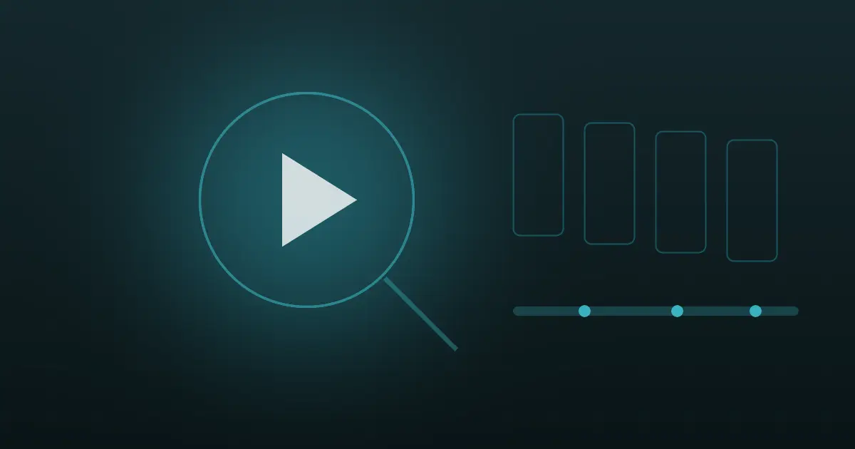 Abstract play triangle inside a lens outline with stacked video frames and a timeline of light in teal on a dark midnight background