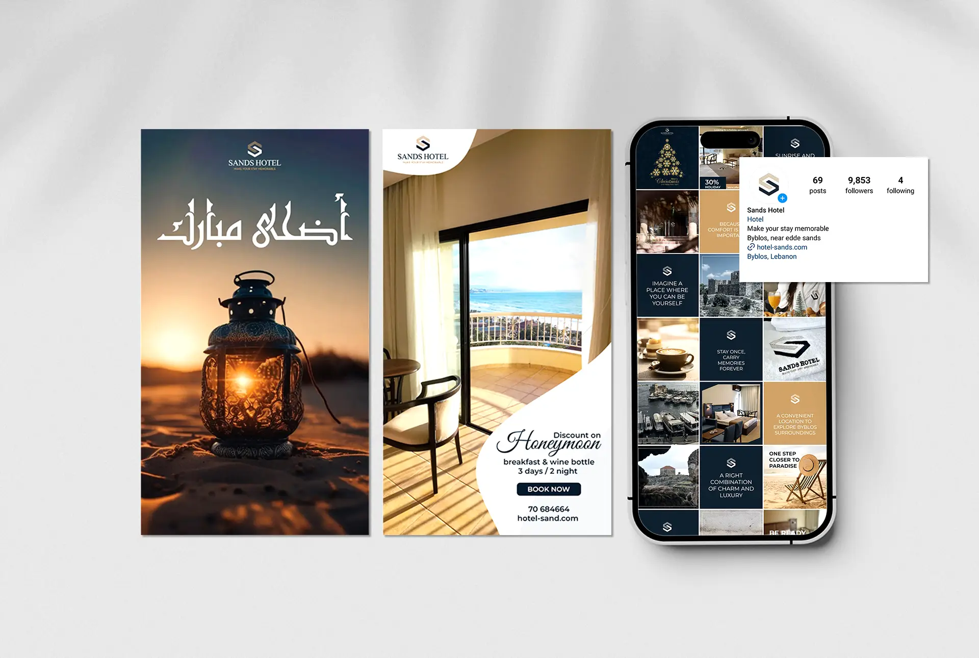 Sands Hotel Instagram management — stories, posts, and profile with 9,853 followers