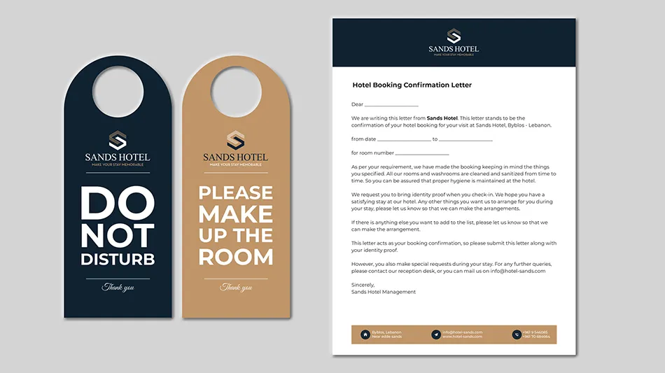 Sands Hotel door hangers and booking letter