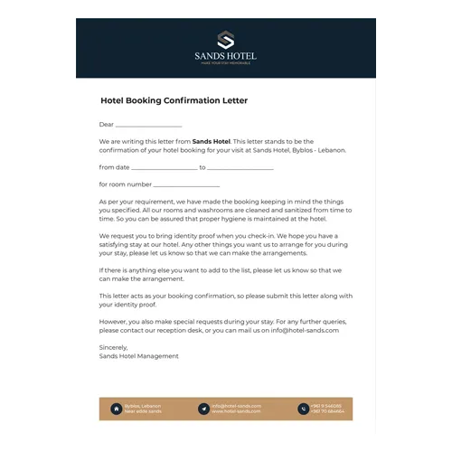 Sands Hotel confirmation letter