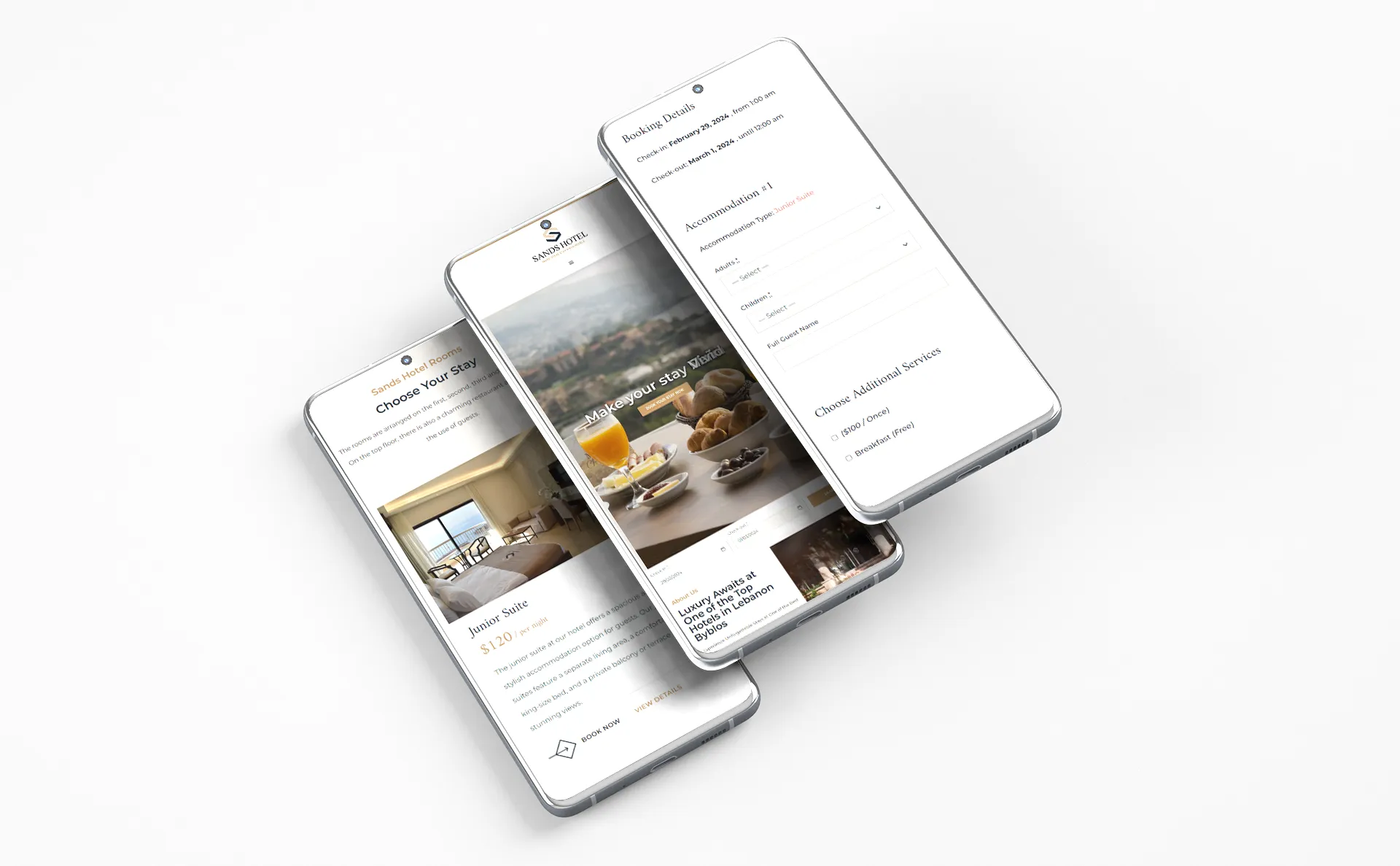 Sands Hotel website mobile screens